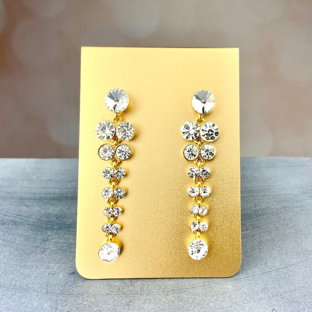 INCREDIBLE Extra Long Clear Rhinestone Rivoli Drop Earrings Formal Bridal Prom - Picture 2 of 6